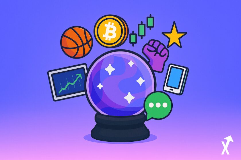 Illustration of a prediction market showing dynamic financial charts with colorful price curves, data screens, and a futuristic atmosphere, featuring a crystal ball, a basketball, and a Bitcoin symbol.