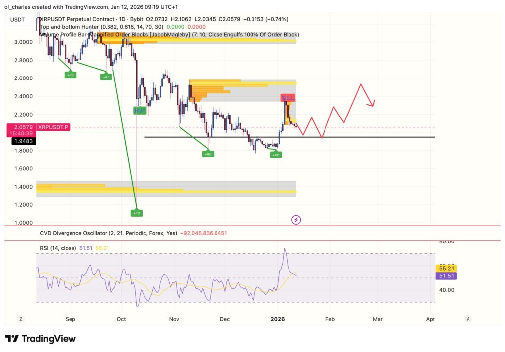 XRP price chart in 1 day with Order blocks and RSI