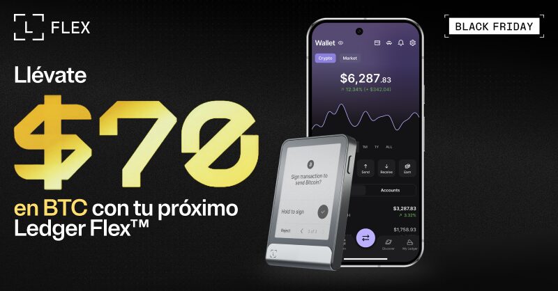 Un smartphone con un ledger Flex sobre fondo negro para una oferta del Black Friday