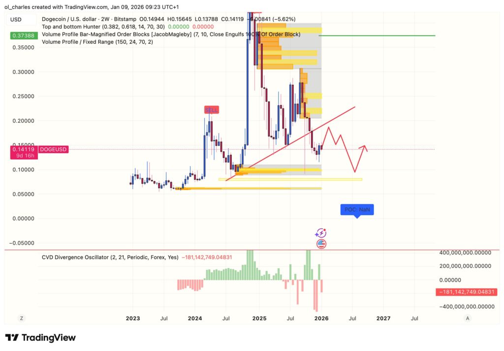 Gráfico del precio de Dogecoin en dos semanas con order blocks y CVD