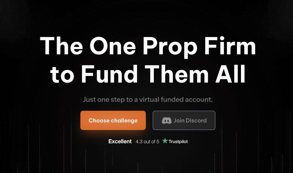Página inicial da propfirm OneFunded com um fundo escuro com o slogan "The One Prop Firm to Fund Them All" em branco