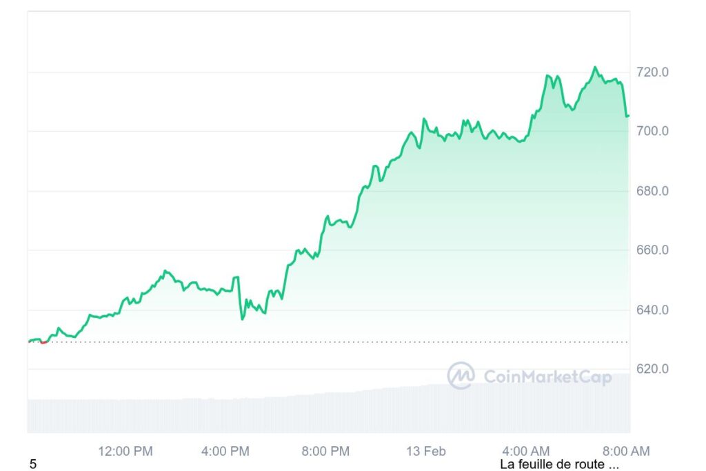 Gráfico mostrando a evolução do preço da criptomoeda BNB ao longo de 24 horas