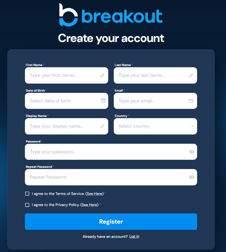 Criação de conta Breakout