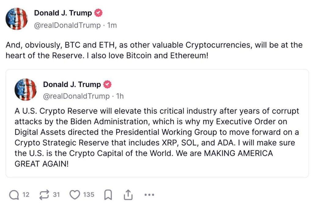 Donald J Trump anuncia reserva estratégica de criptomoedas