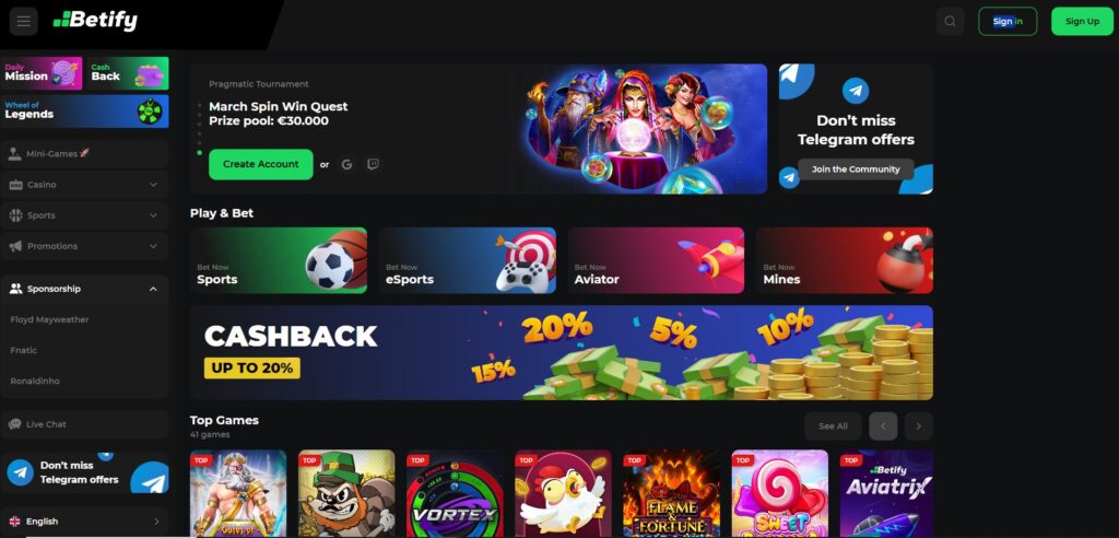 Página inicial do Betify com jogos de casino, apostas desportivas, bónus de cashback e promoções ativas.
