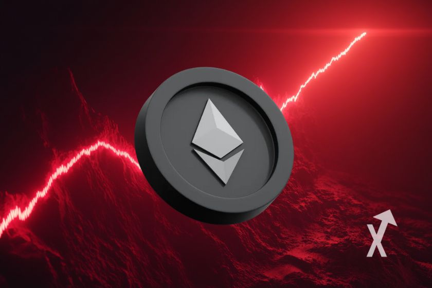 Criptomoeda Ethereum ETH em fundo preto.