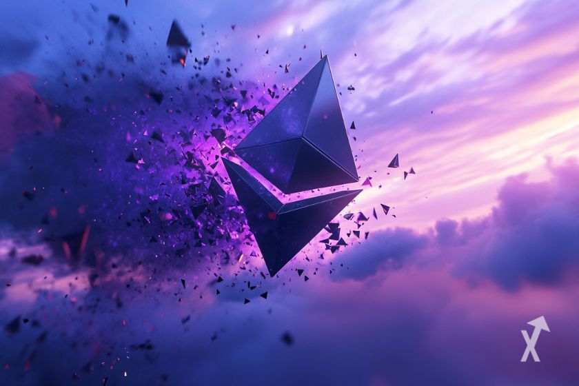 Logotipo Ethereum brilhando no céu.