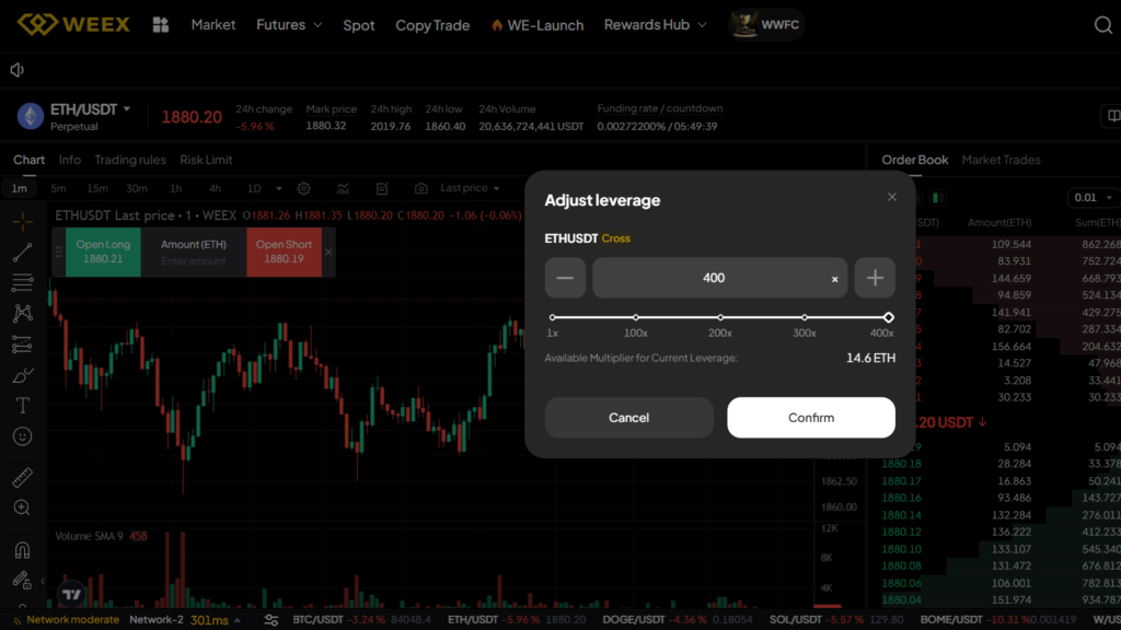 Efeito de alavancagem até x400 na Weex