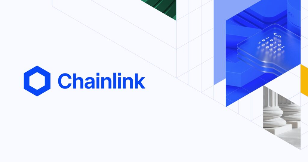 Uma bandeira com fundo branco, o logotipo azul da Chainlink à esquerda e formas geométricas à direita