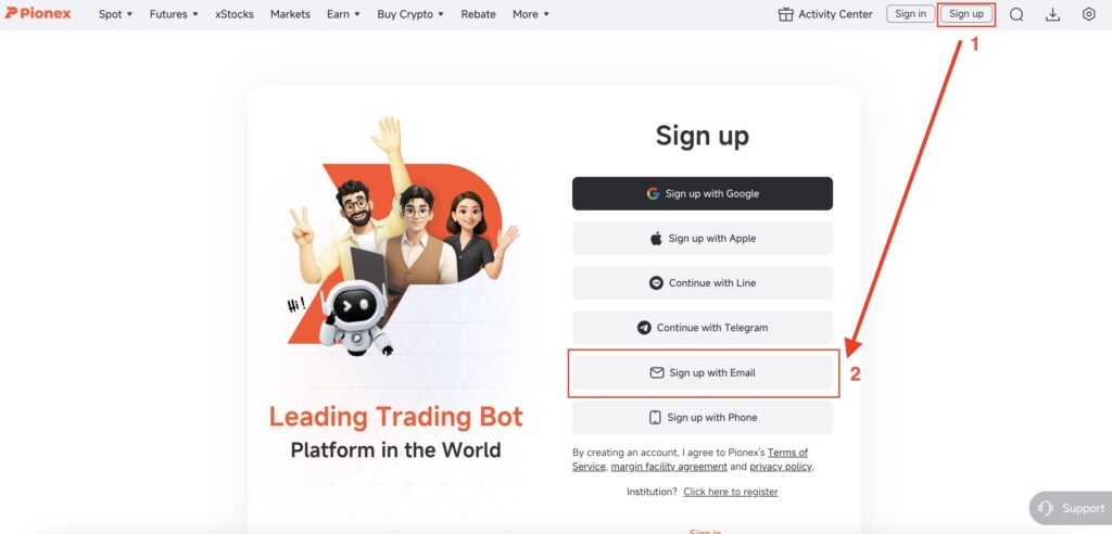 Pionnex création compte