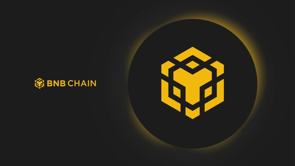 Um banner escuro e preto com o logótipo da BNB Chain em amarelo