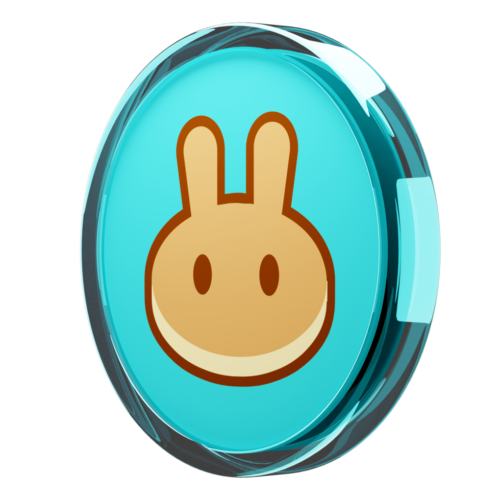 Um token azul com o logótipo simplificado do PancakeSwap