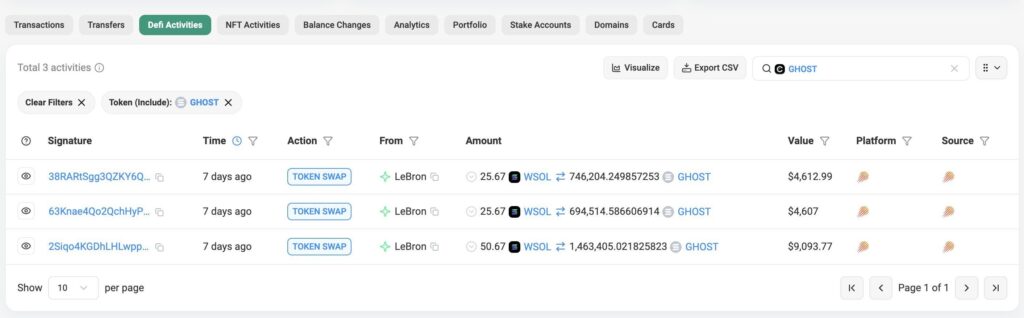 Solscan das transações da wallet de "Lebron"