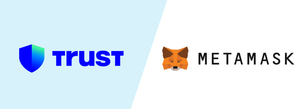 trust logotipo azul sobre fundo azul e metamask com logotipo raposa sobre fundo branco
