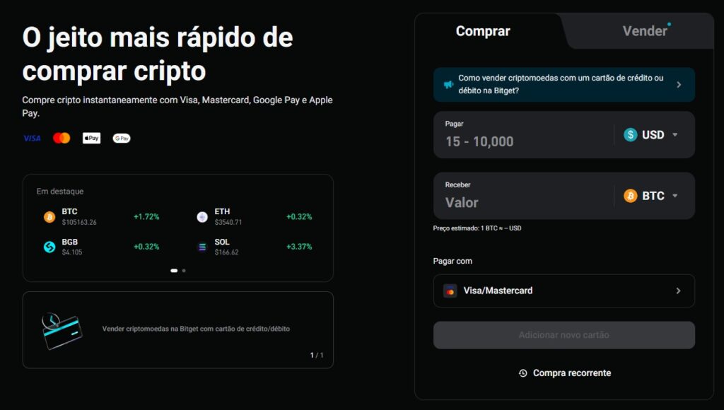 A página do site da Bitget que permite comprar criptomoedas e escolher o método de pagamento