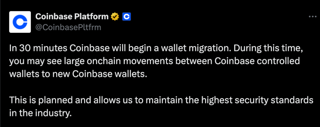 Tweet X da Coinbase que fala sobre a migração de fundos para outra carteira