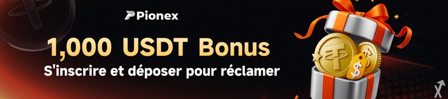 Um banner com um texto em dourado "1,000 USDT Bonus" abaixo do logo Pionex e à esquerda de um presente prateado cheio de tokens cripto