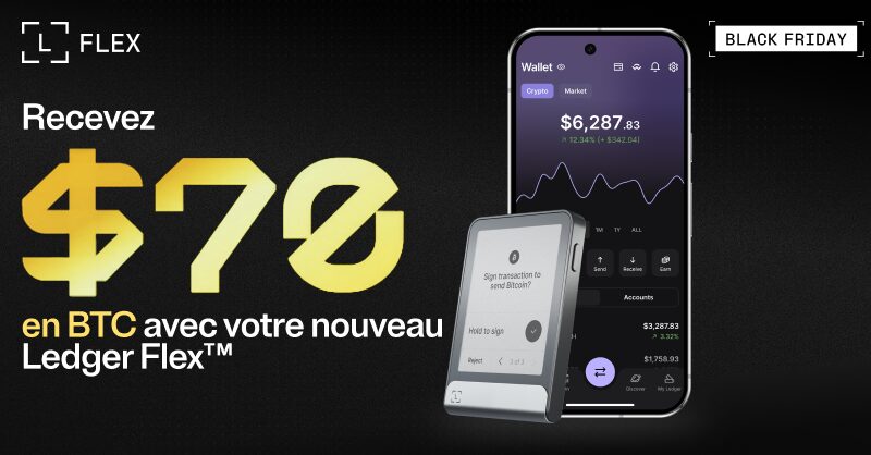 Um smartphone com uma ledger flex em fundo preto para uma oferta black friday