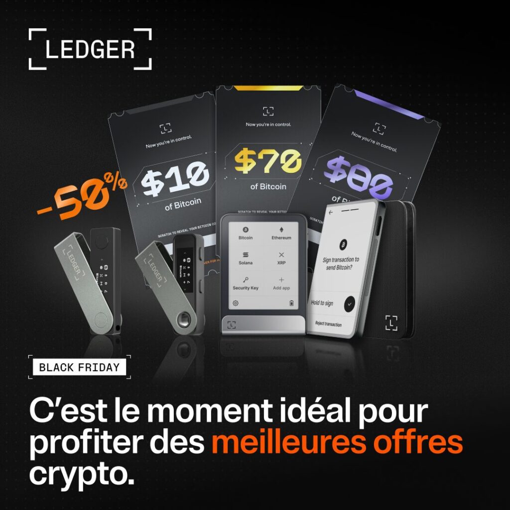 Promoção Ledger Black Friday apresentando uma carteira hardware Ledger sobre fundo preto, com elementos gráficos modernos e destaque para ofertas de segurança cripto.