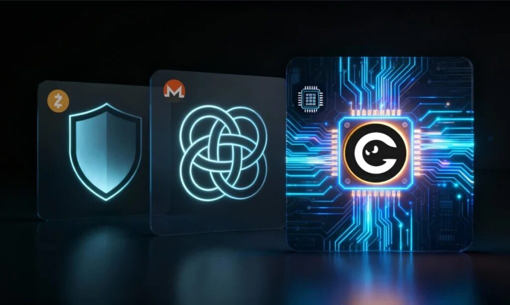 3 logótipos de criptomoedas num ambiente digital futurista