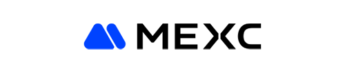 O logotipo da MEXC em azul com a tipografia preta sobre um fundo branco