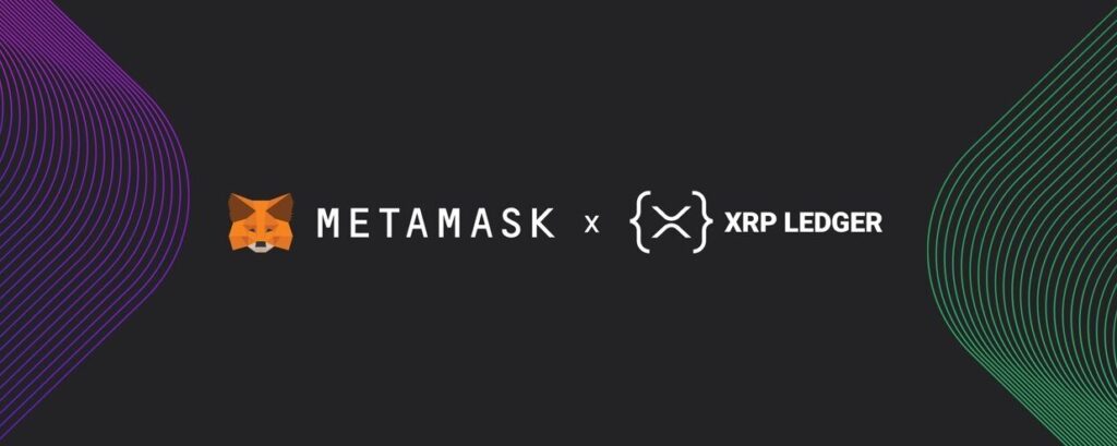 Logotipos da MetaMask e do XRP Ledger em um fundo escuro, conectados por um X, lado direito verde, lado esquerdo roxo, estilo digital neon, detalhes brilhantes, ilustração moderna de criptomoeda, alta resolução