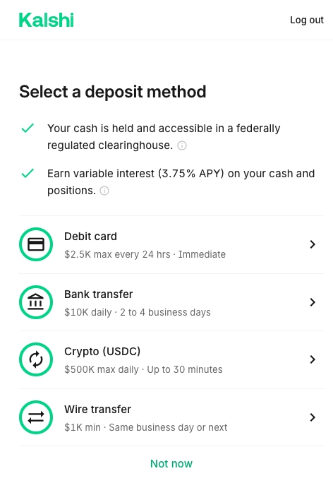 Ecrã da Kalshi apresentando os métodos de depósito disponíveis, incluindo cartão bancário, transferência bancária, depósito crypto em USDC e transferência internacional, com informações sobre limites e prazos de processamento