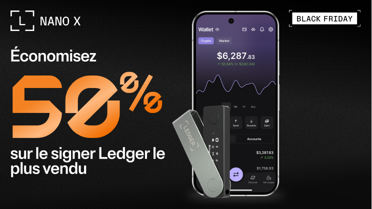Um smartphone com um ledger nano x em fundo preto para uma oferta black friday