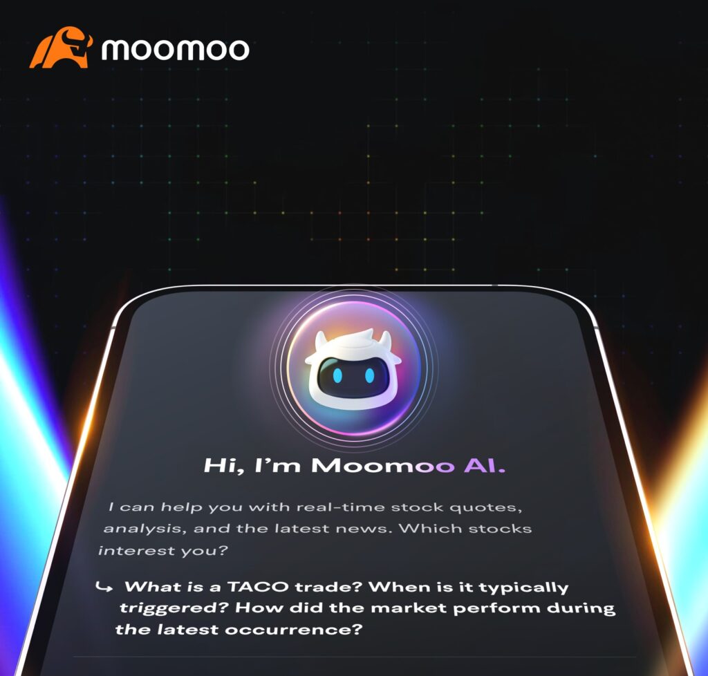 Uma imagem promocional da IA na Moomoo com um smartphone