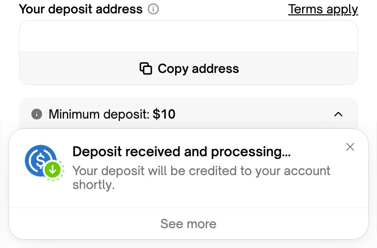 Uma captura de ecrã da página de depósito de fundos no site da Polymarket