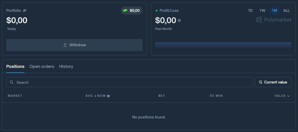 Uma captura de ecrã da página Portfolio do site Polymarket