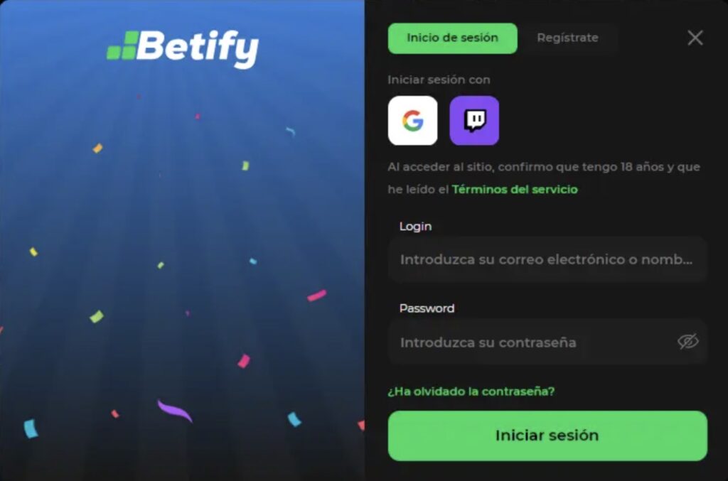 Ecrã de início de sessão da Betify com opções de login via Google ou Twitch e formulário para introduzir email e palavra-passe.